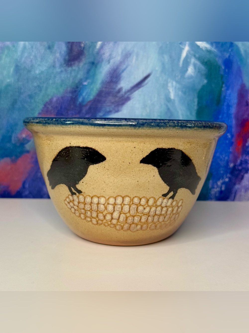 Monroe Salt Works Crow Mixing Serving Bowl Maine Pottery Two Birds on Corn Cob